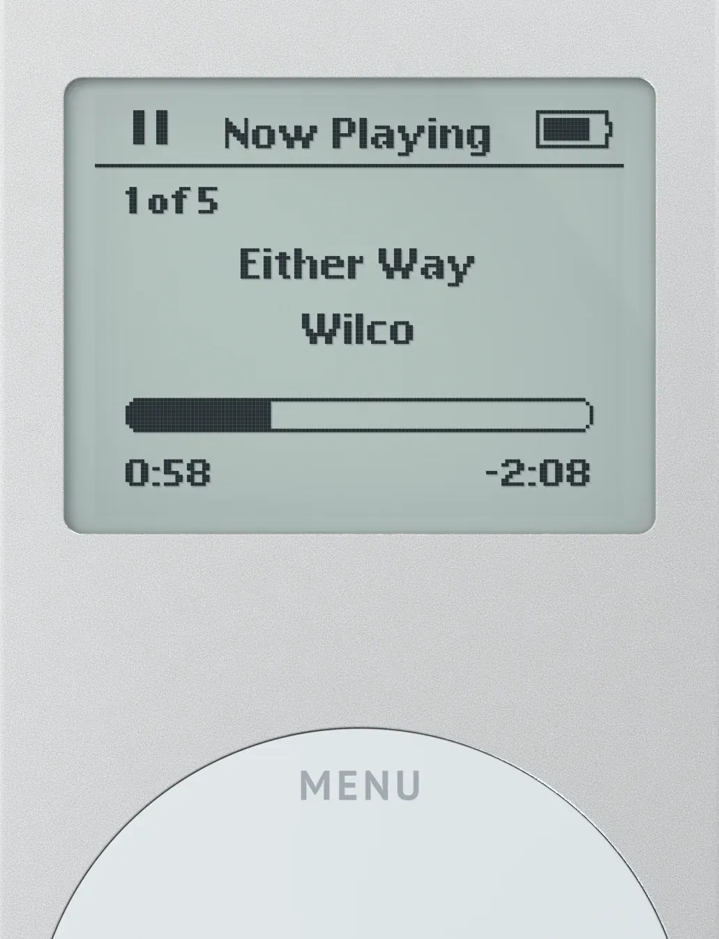Close-up of the iPod mini render, its screen showing Now Playing, Either Way by Wilco